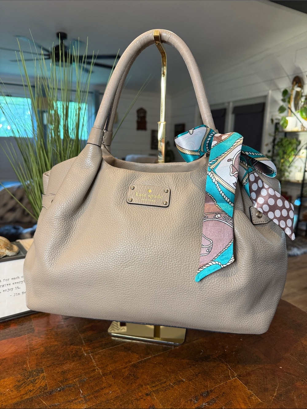 💕kate spade Taupe Pebbled Leather Shoulder Bag with Decorative Scarf